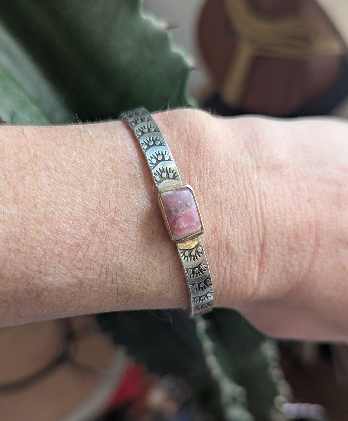 Rhodocrosite Gold and Silver Stamped Mixed Metal Cuff
