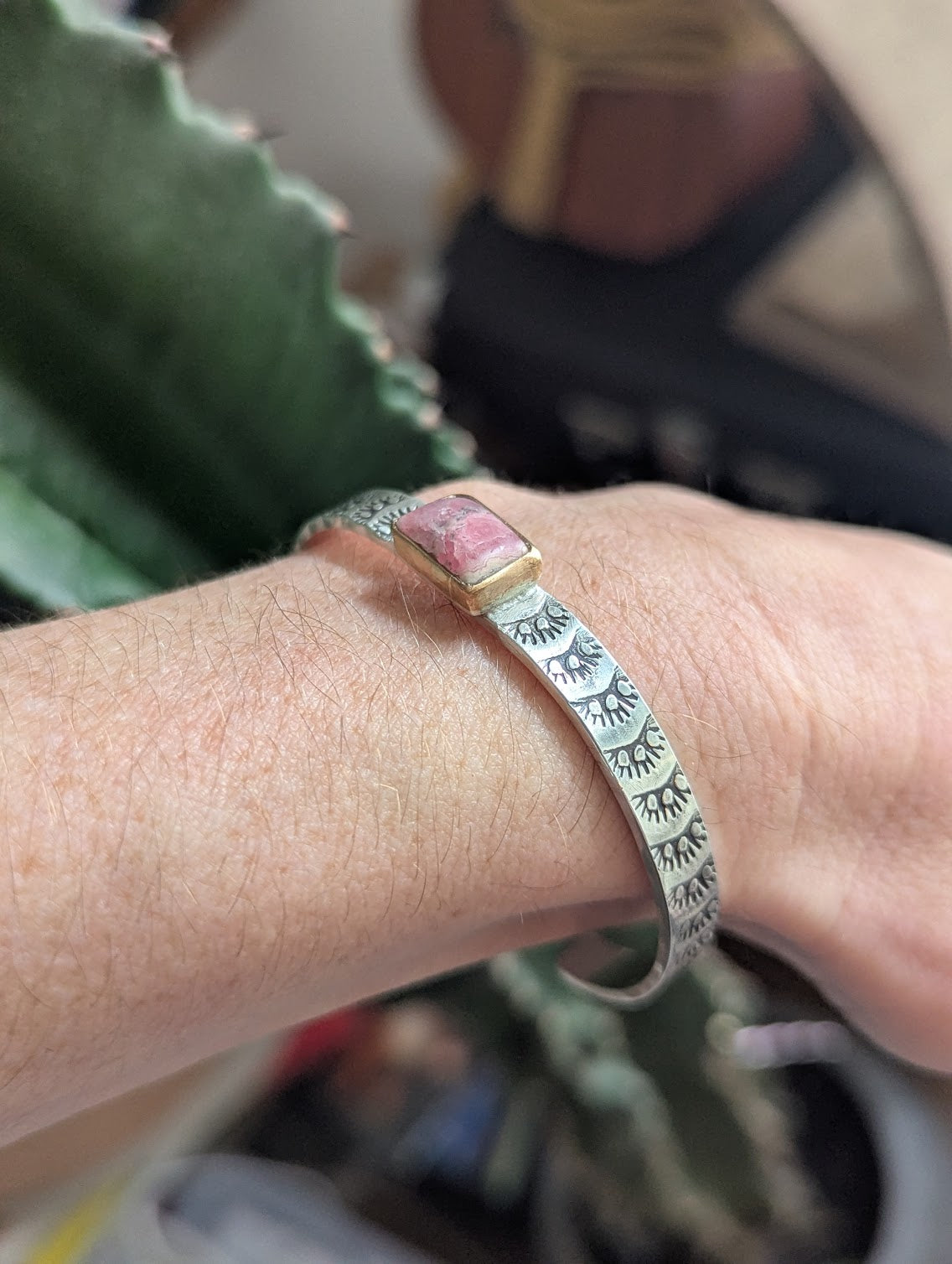 Rhodocrosite Gold and Silver Stamped Mixed Metal Cuff