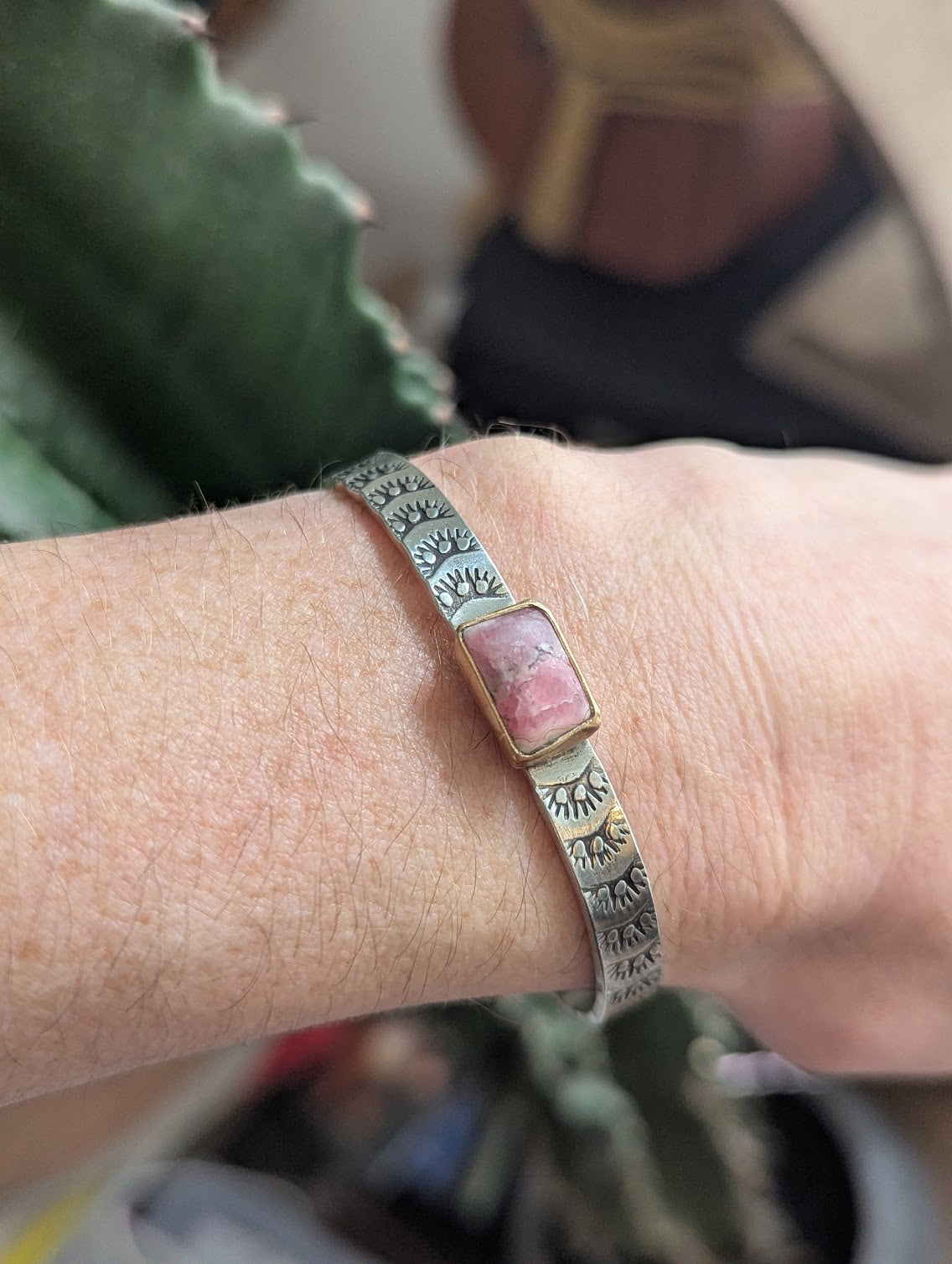 Rhodocrosite Gold and Silver Stamped Mixed Metal Cuff
