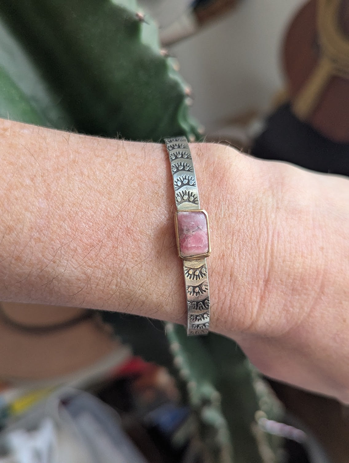 Rhodocrosite Gold and Silver Stamped Mixed Metal Cuff