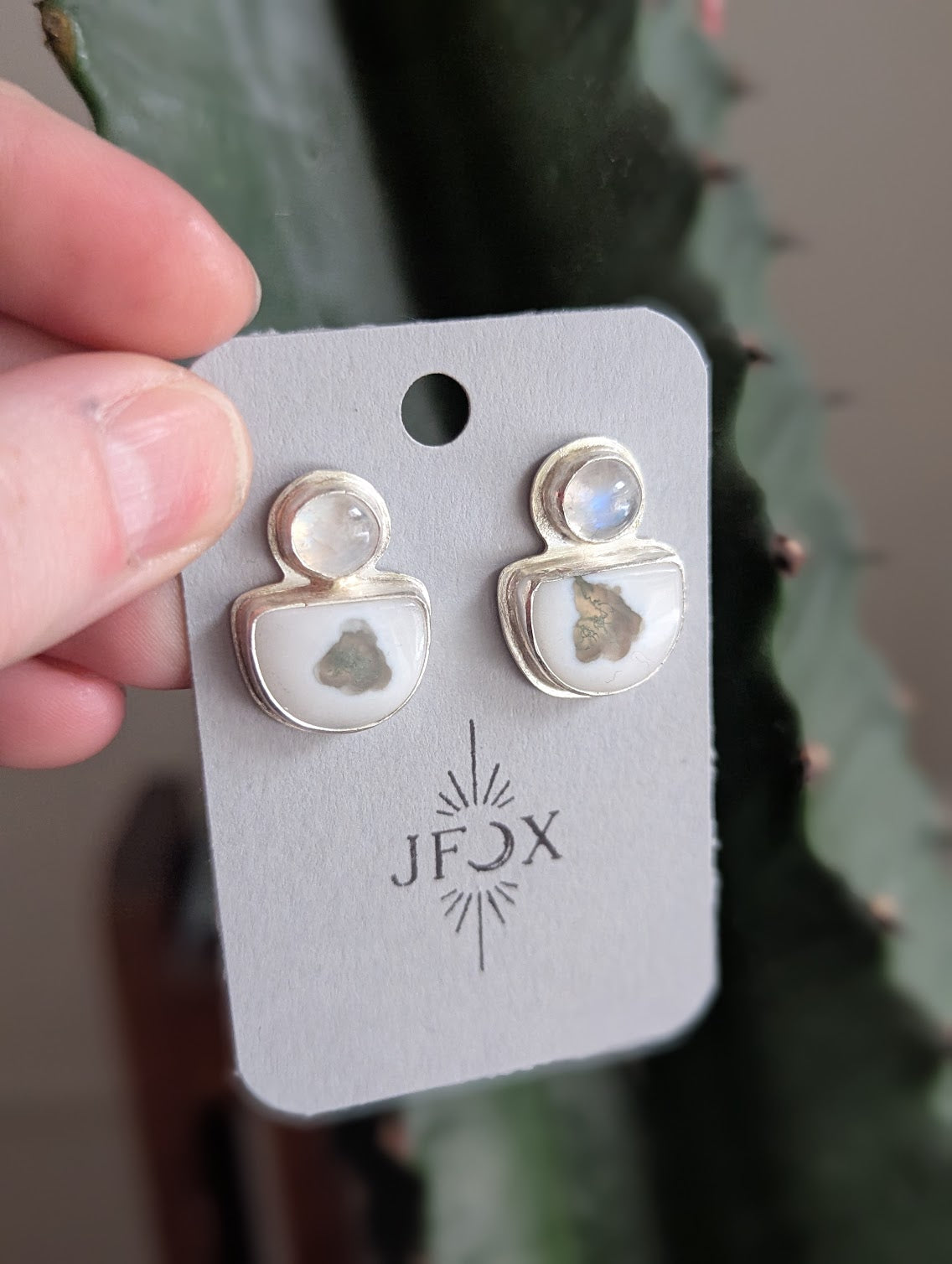 Moonstone and White Agate Half Moon Statement Studs
