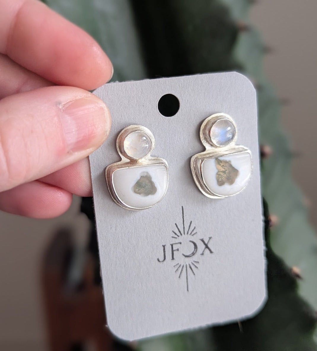 Moonstone and White Agate Half Moon Statement Studs