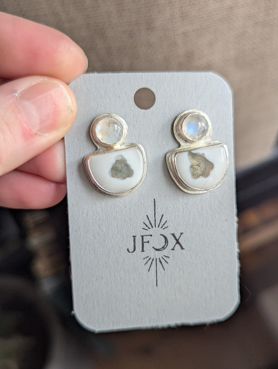 Moonstone and White Agate Half Moon Statement Studs