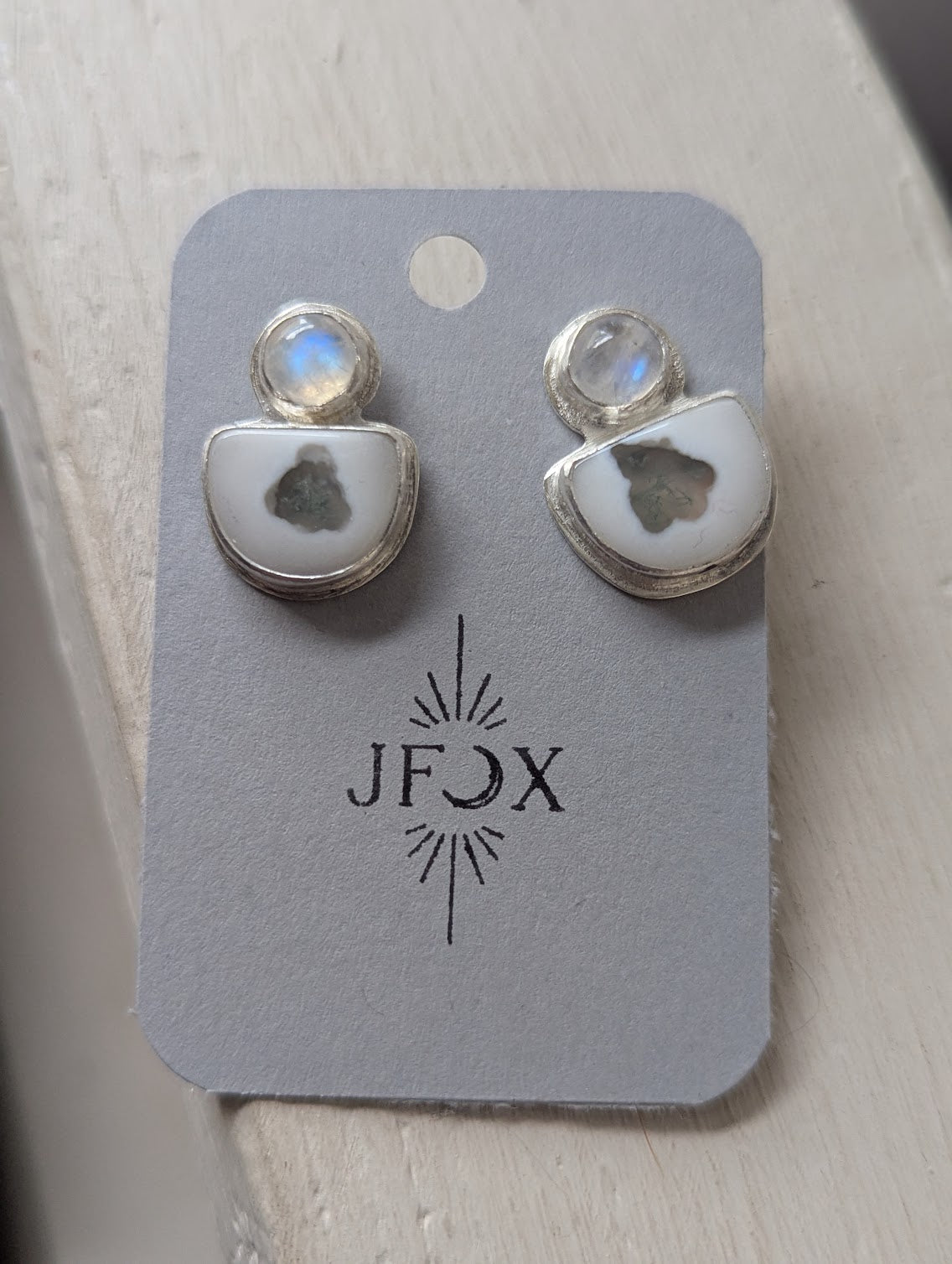 Moonstone and White Agate Half Moon Statement Studs