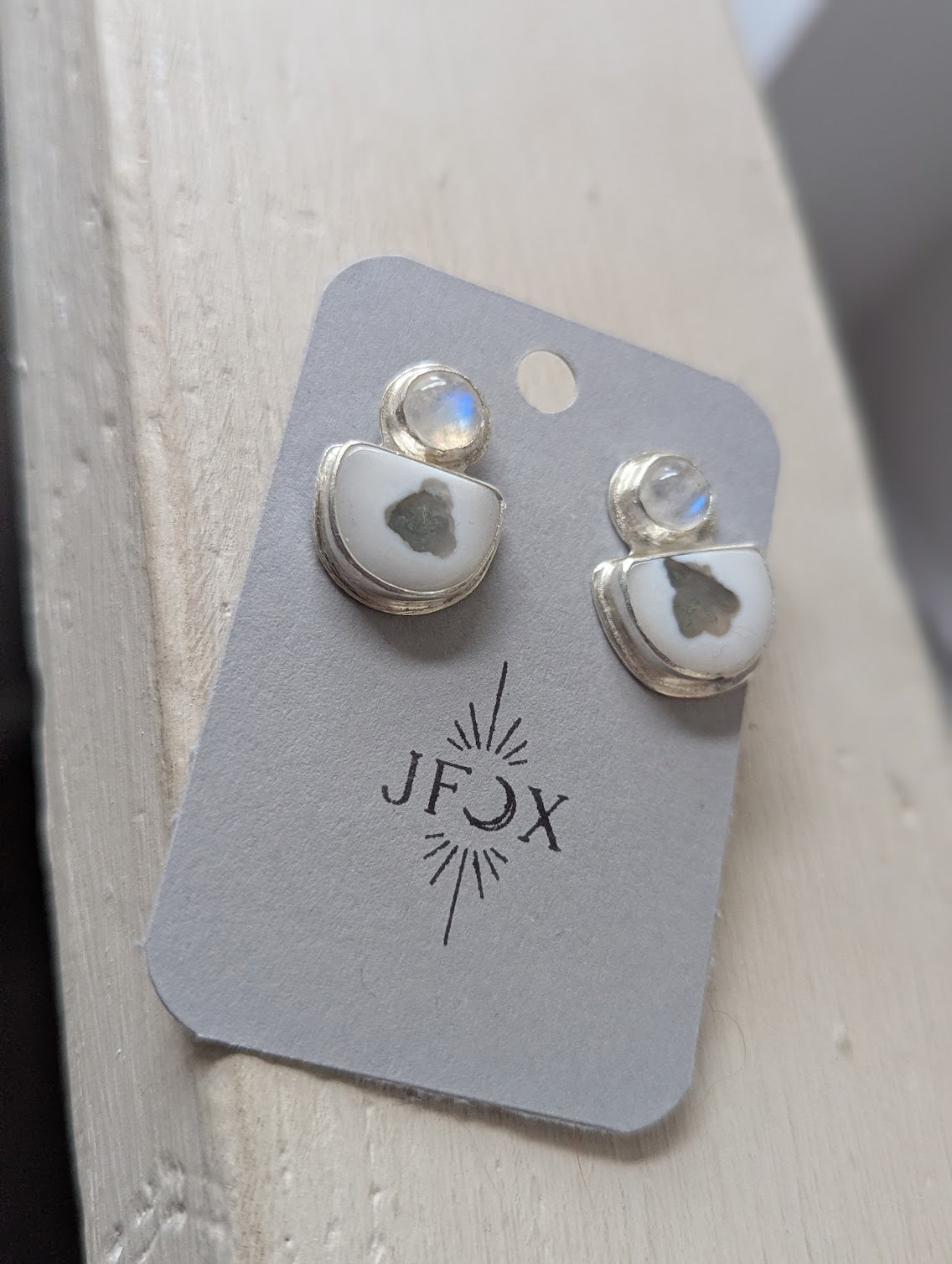 Moonstone and White Agate Half Moon Statement Studs