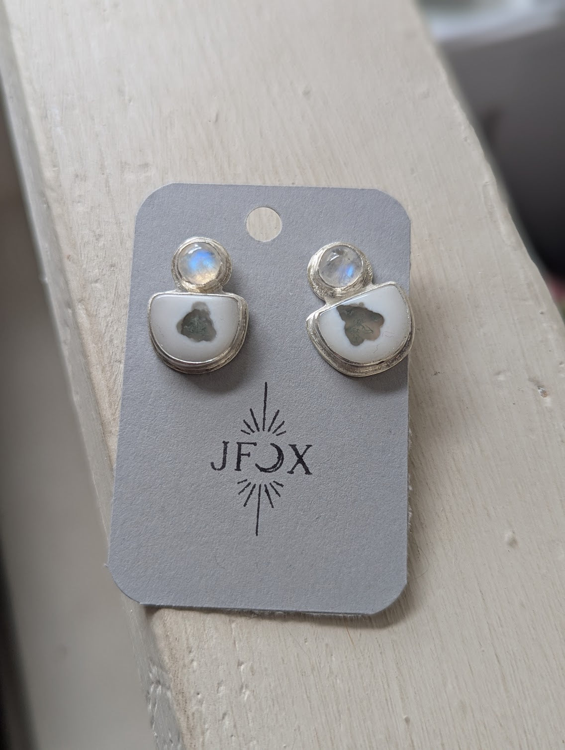 Moonstone and White Agate Half Moon Statement Studs