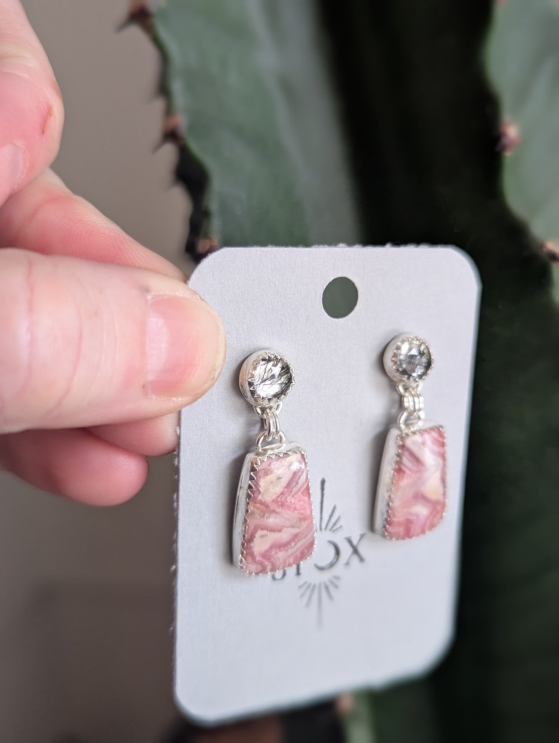 Black Rutile Quartz and Rhodocrosite Sterling Silver Earrings