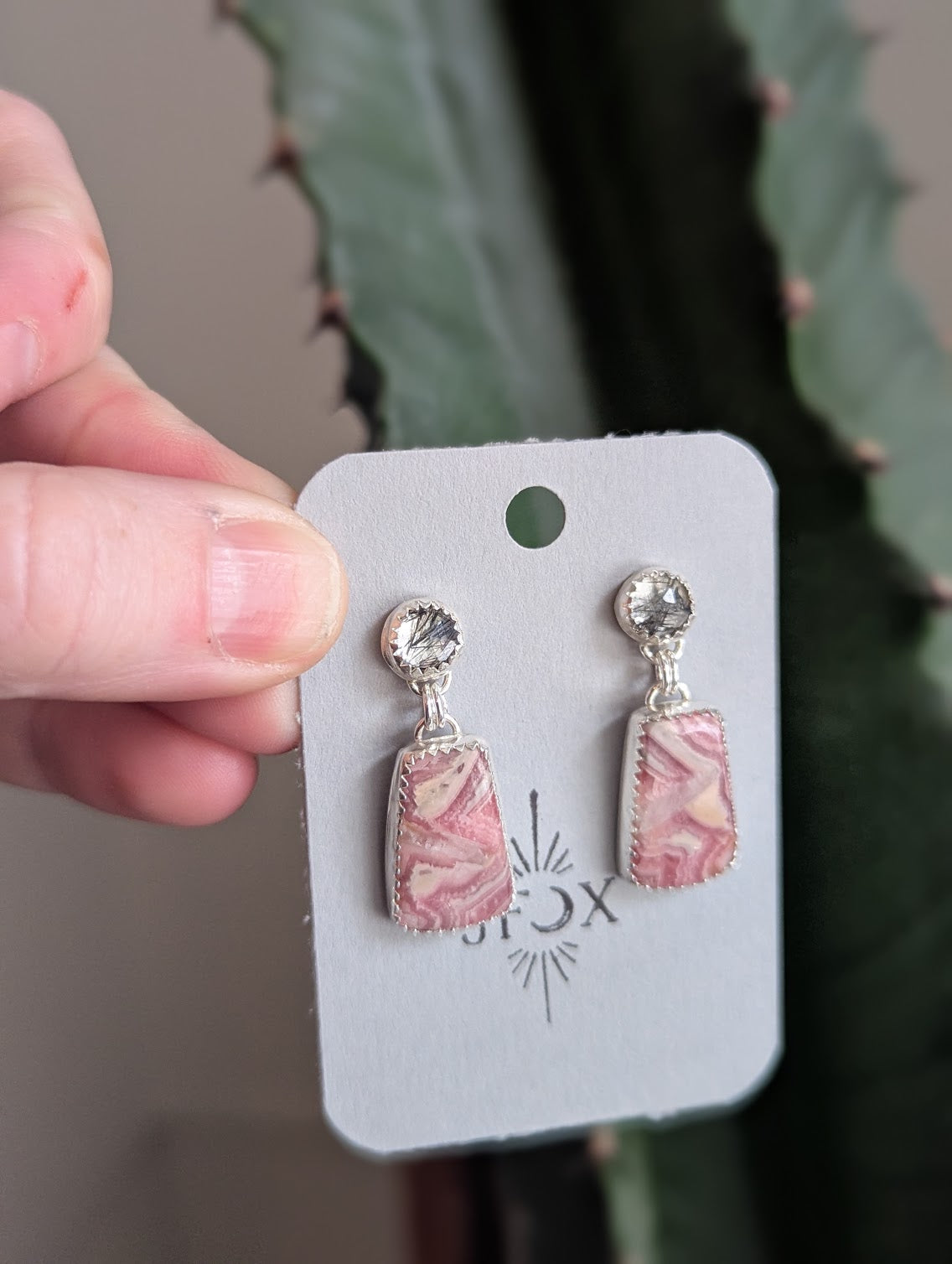 Black Rutile Quartz and Rhodocrosite Sterling Silver Earrings