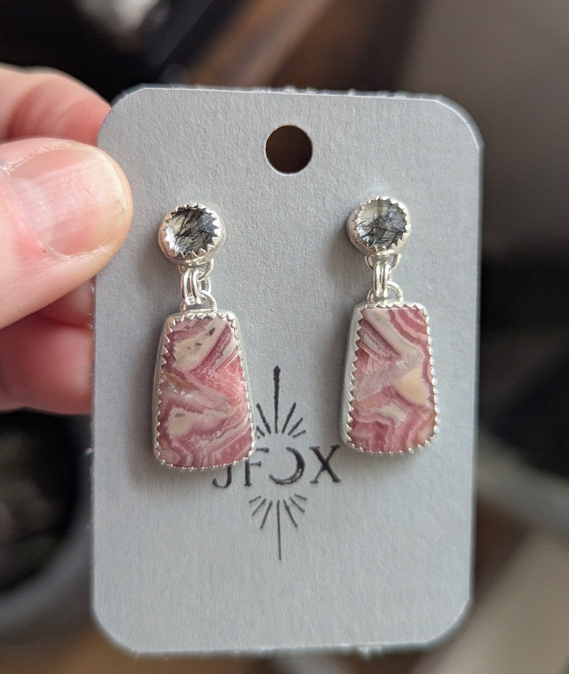 Black Rutile Quartz and Rhodocrosite Sterling Silver Earrings