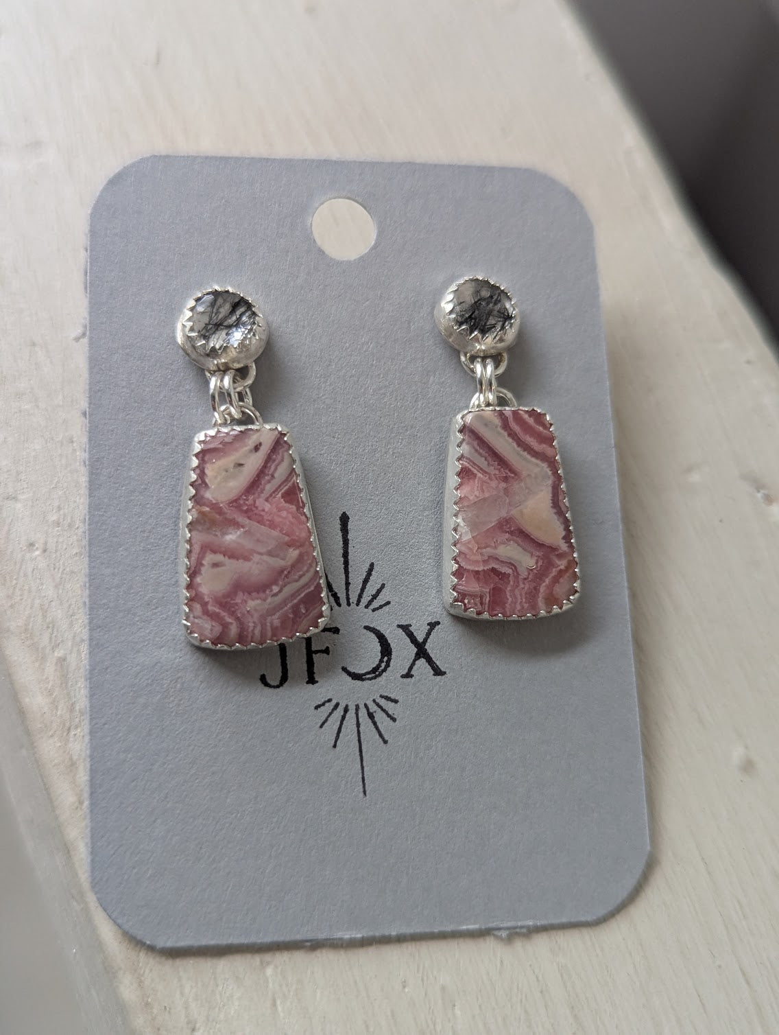 Black Rutile Quartz and Rhodocrosite Sterling Silver Earrings