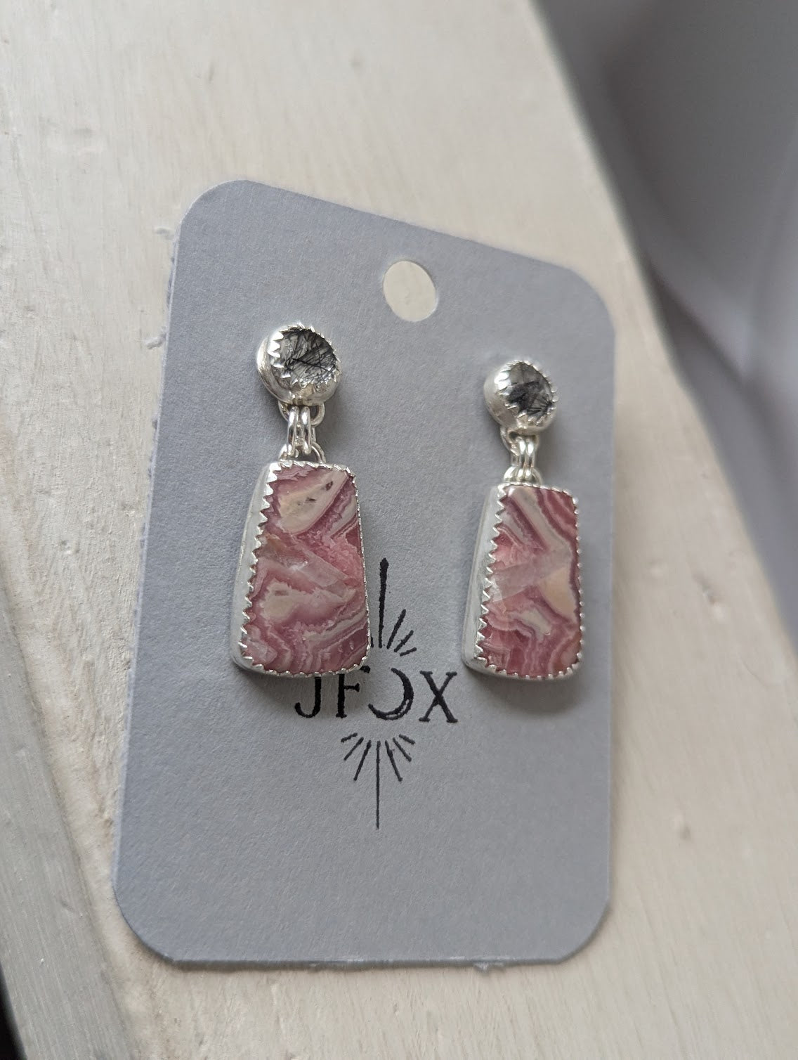 Black Rutile Quartz and Rhodocrosite Sterling Silver Earrings