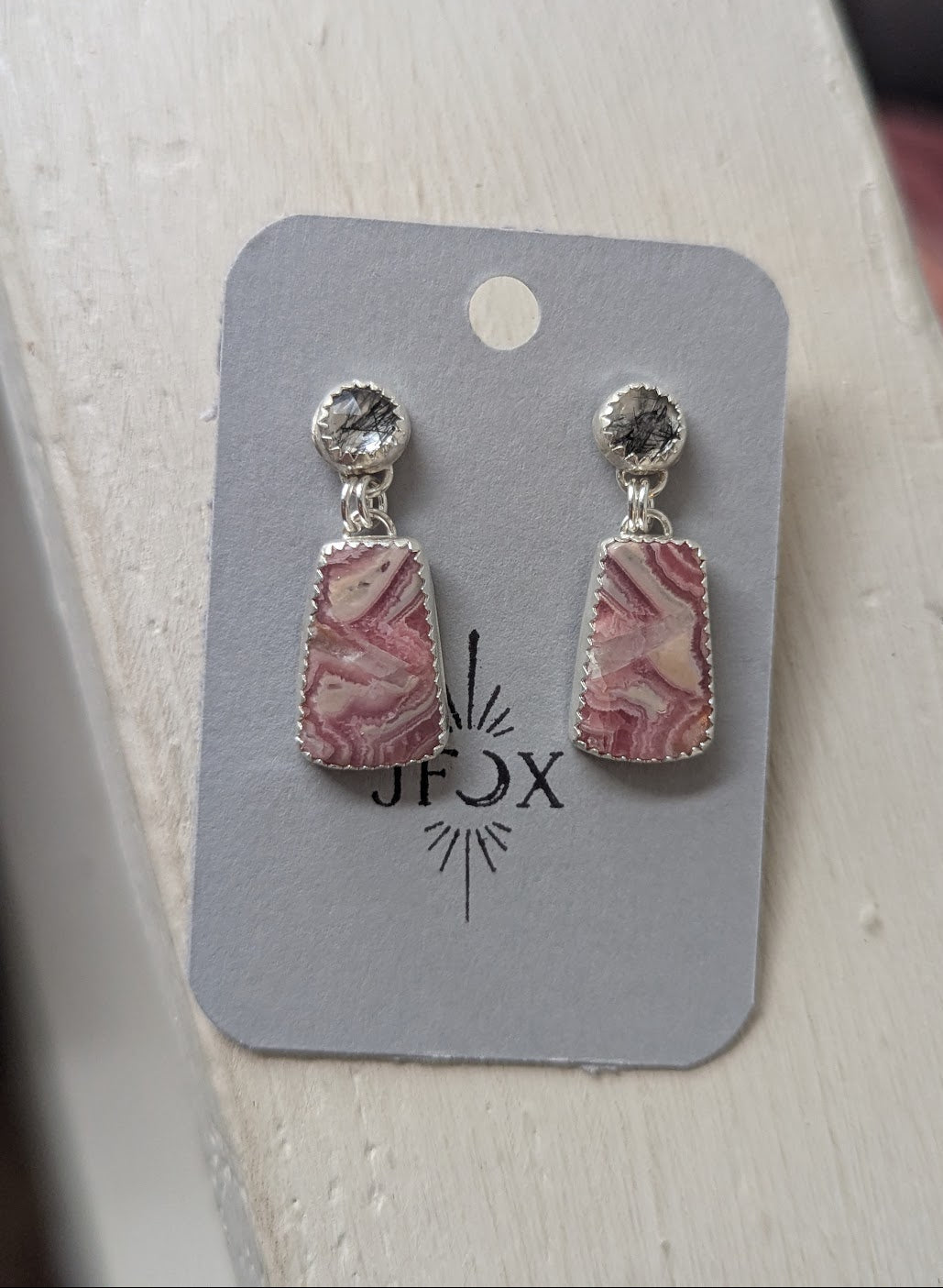 Black Rutile Quartz and Rhodocrosite Sterling Silver Earrings