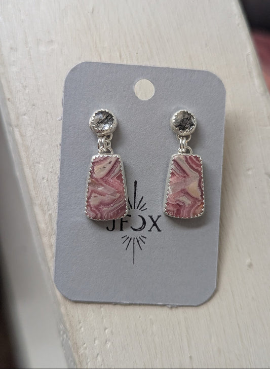 Black Rutile Quartz and Rhodocrosite Sterling Silver Earrings