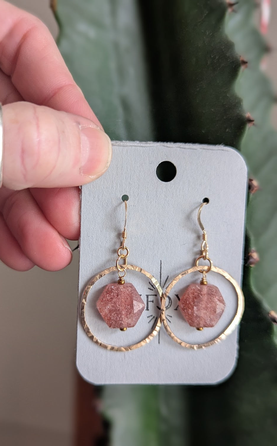 Strawberry Quartz Hexagon 14kGF Hammered Loop Earrings