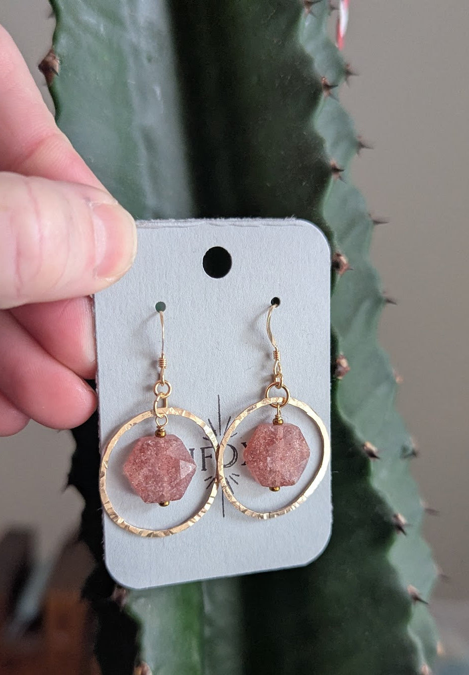 Strawberry Quartz Hexagon 14kGF Hammered Loop Earrings