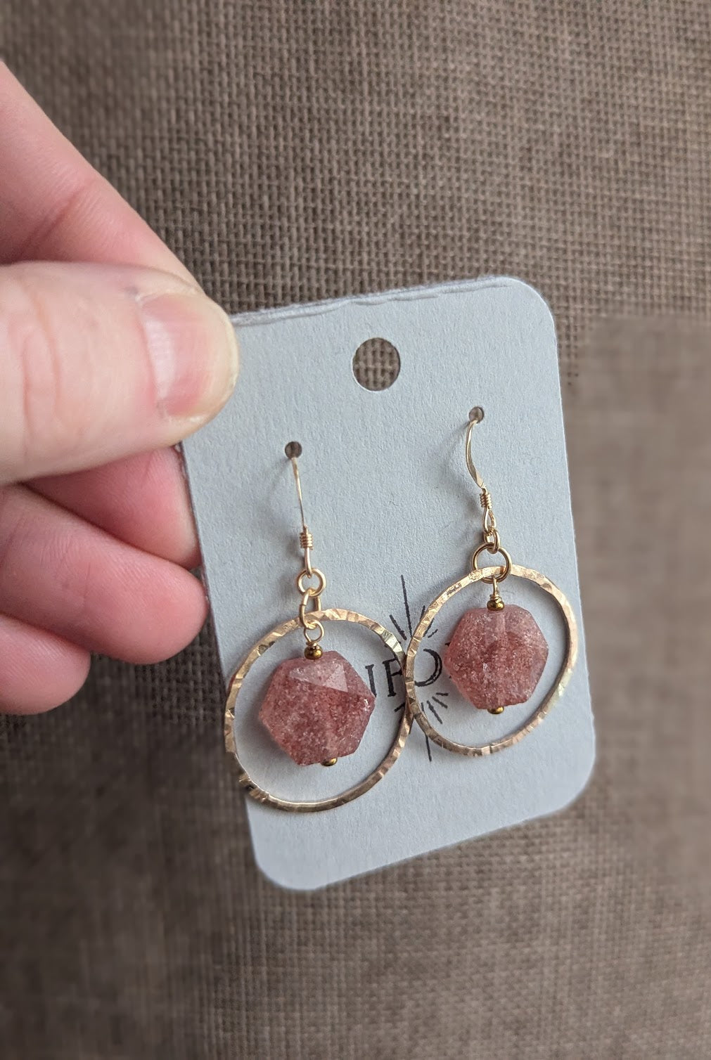 Strawberry Quartz Hexagon 14kGF Hammered Loop Earrings