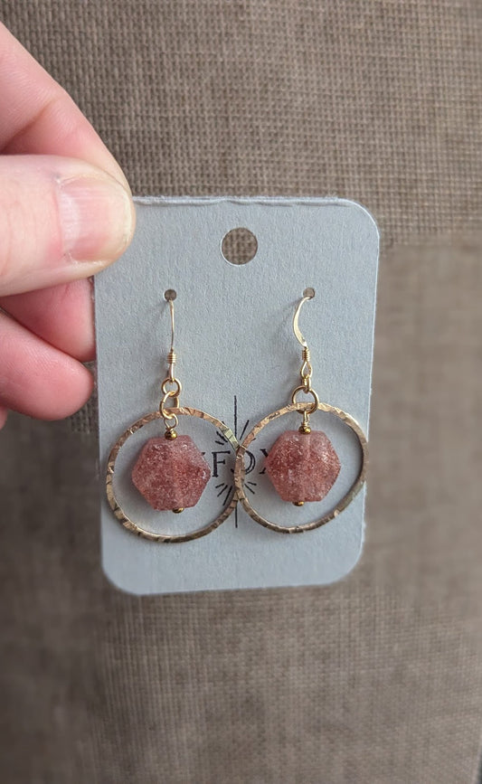 Strawberry Quartz Hexagon 14kGF Hammered Loop Earrings