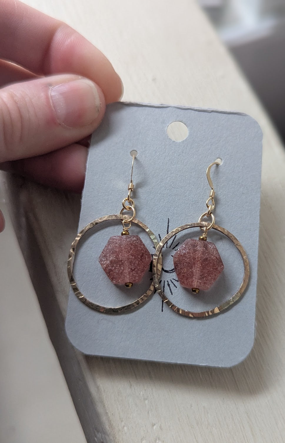 Strawberry Quartz Hexagon 14kGF Hammered Loop Earrings