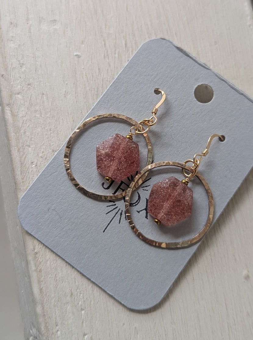 Strawberry Quartz Hexagon 14kGF Hammered Loop Earrings