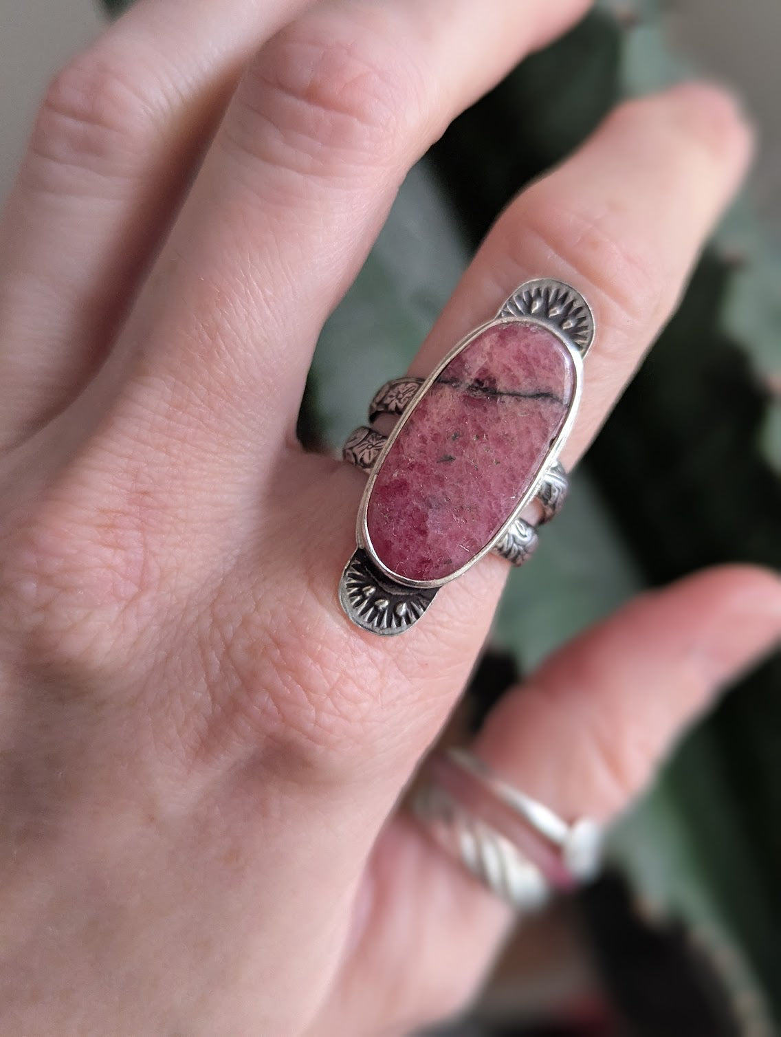 Rhodonite Sunset Stamped Silver Ring - Size 7