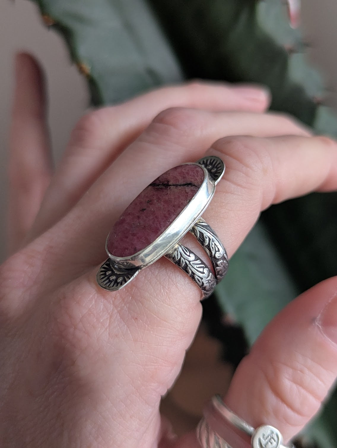 Rhodonite Sunset Stamped Silver Ring - Size 7