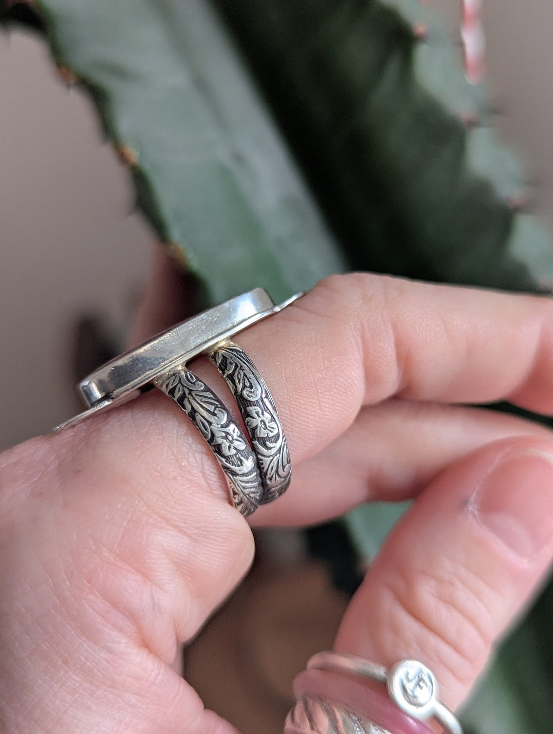 Rhodonite Sunset Stamped Silver Ring - Size 7