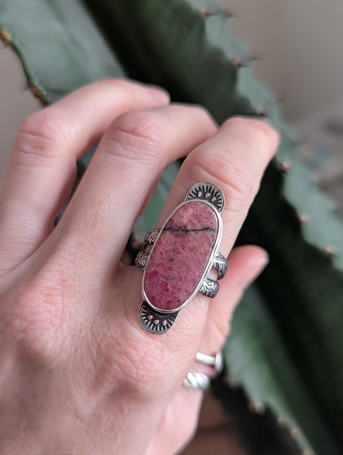 Rhodonite Sunset Stamped Silver Ring - Size 7