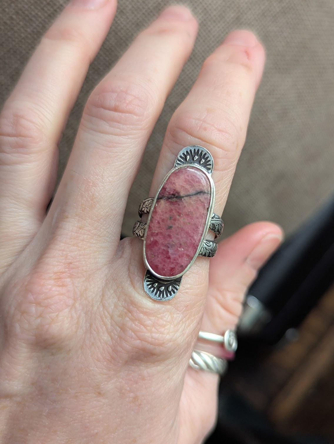 Rhodonite Sunset Stamped Silver Ring - Size 7