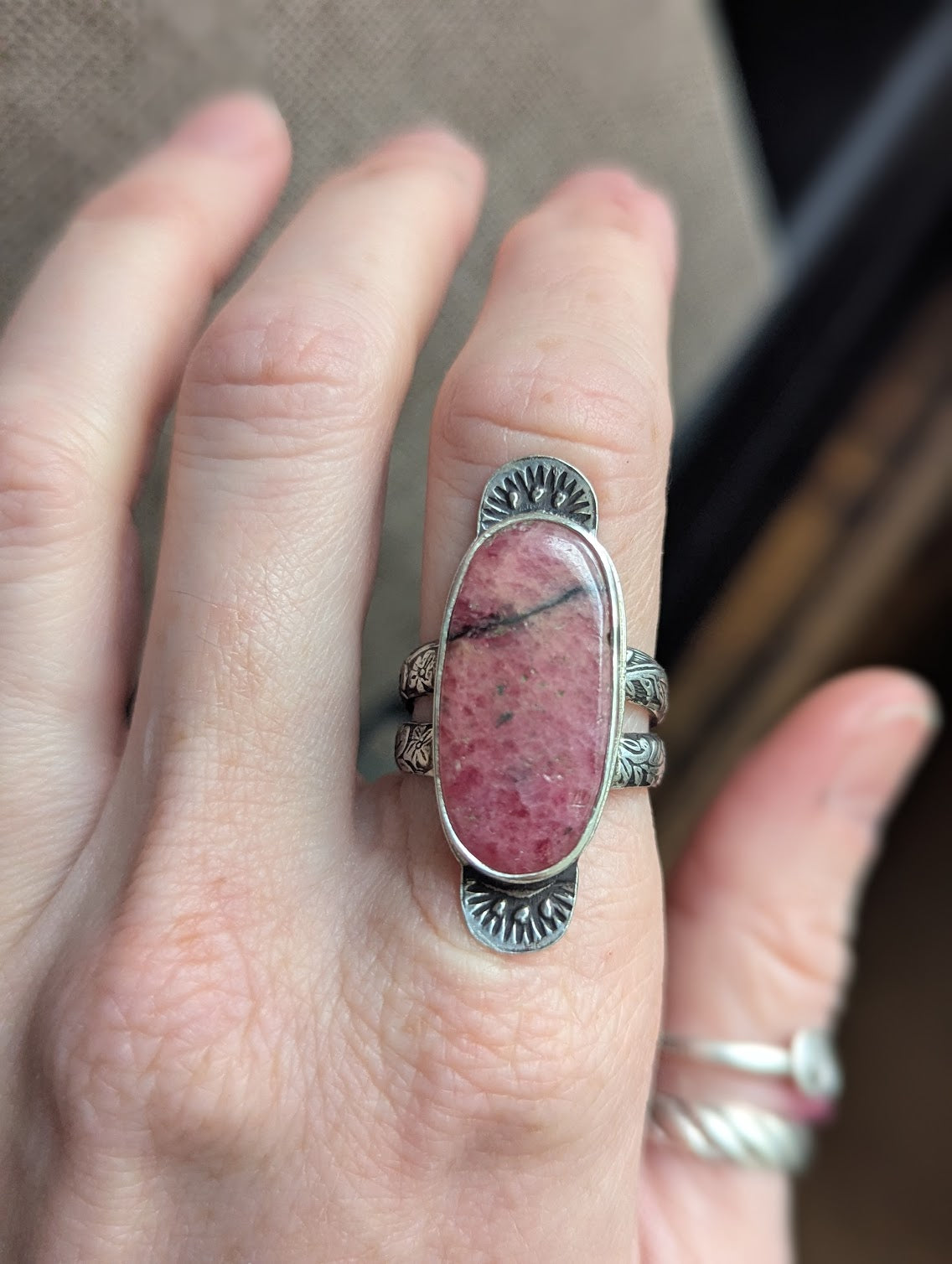 Rhodonite Sunset Stamped Silver Ring - Size 7