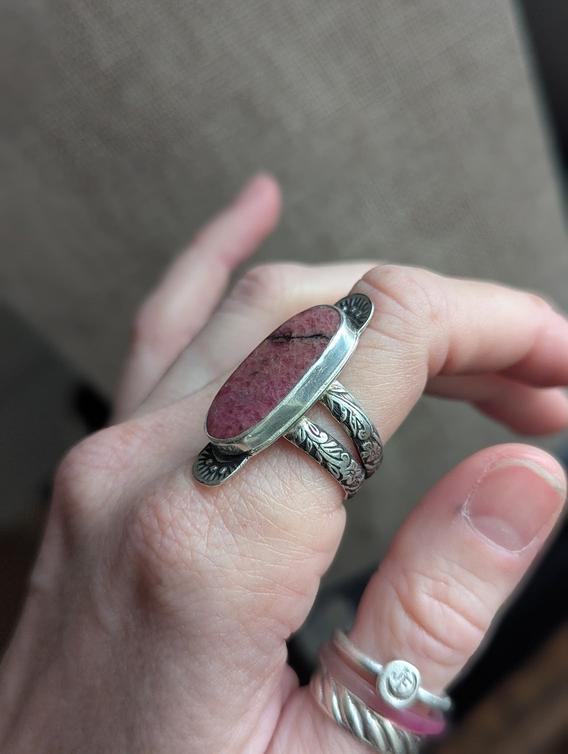 Rhodonite Sunset Stamped Silver Ring - Size 7
