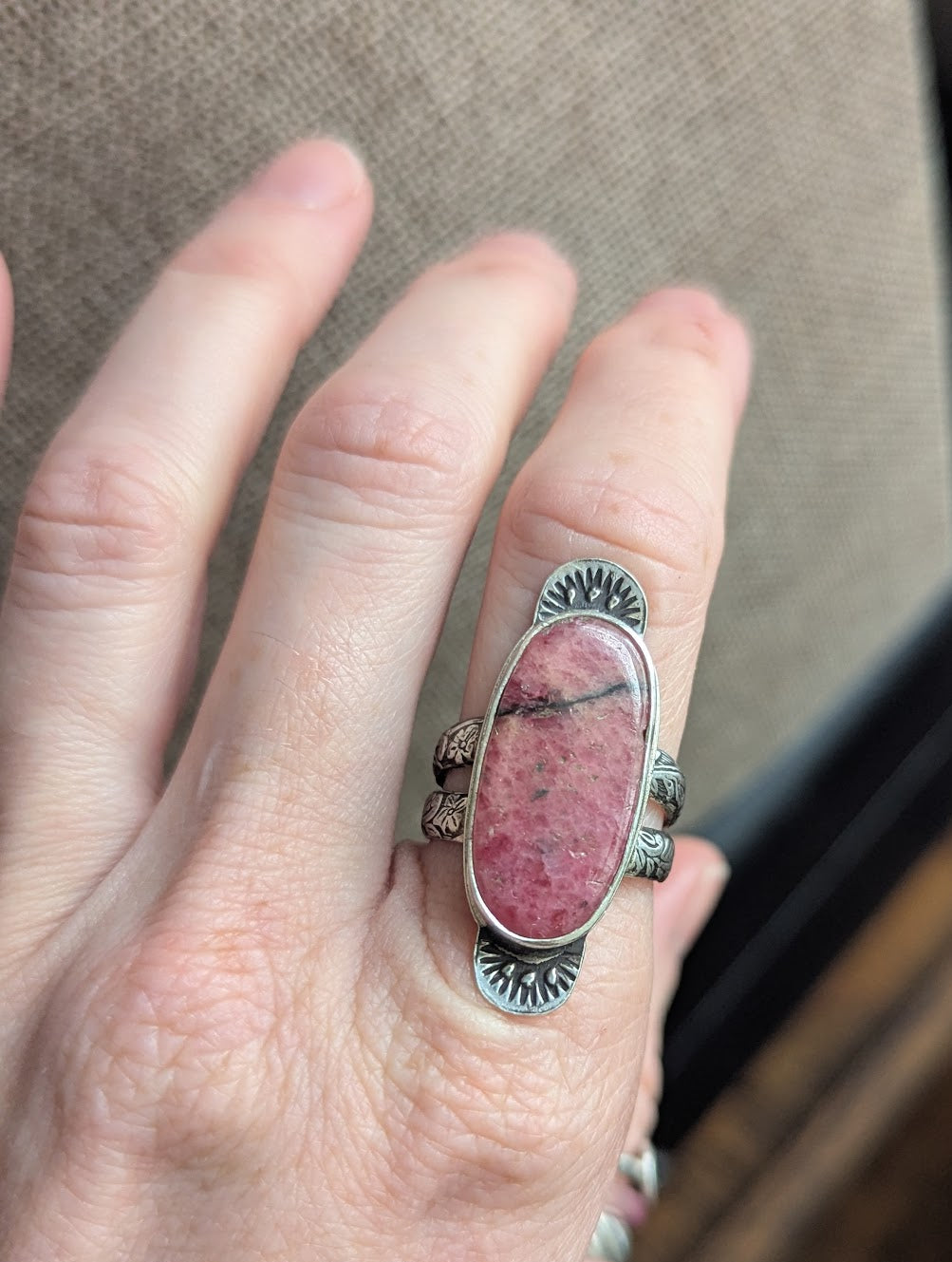 Rhodonite Sunset Stamped Silver Ring - Size 7
