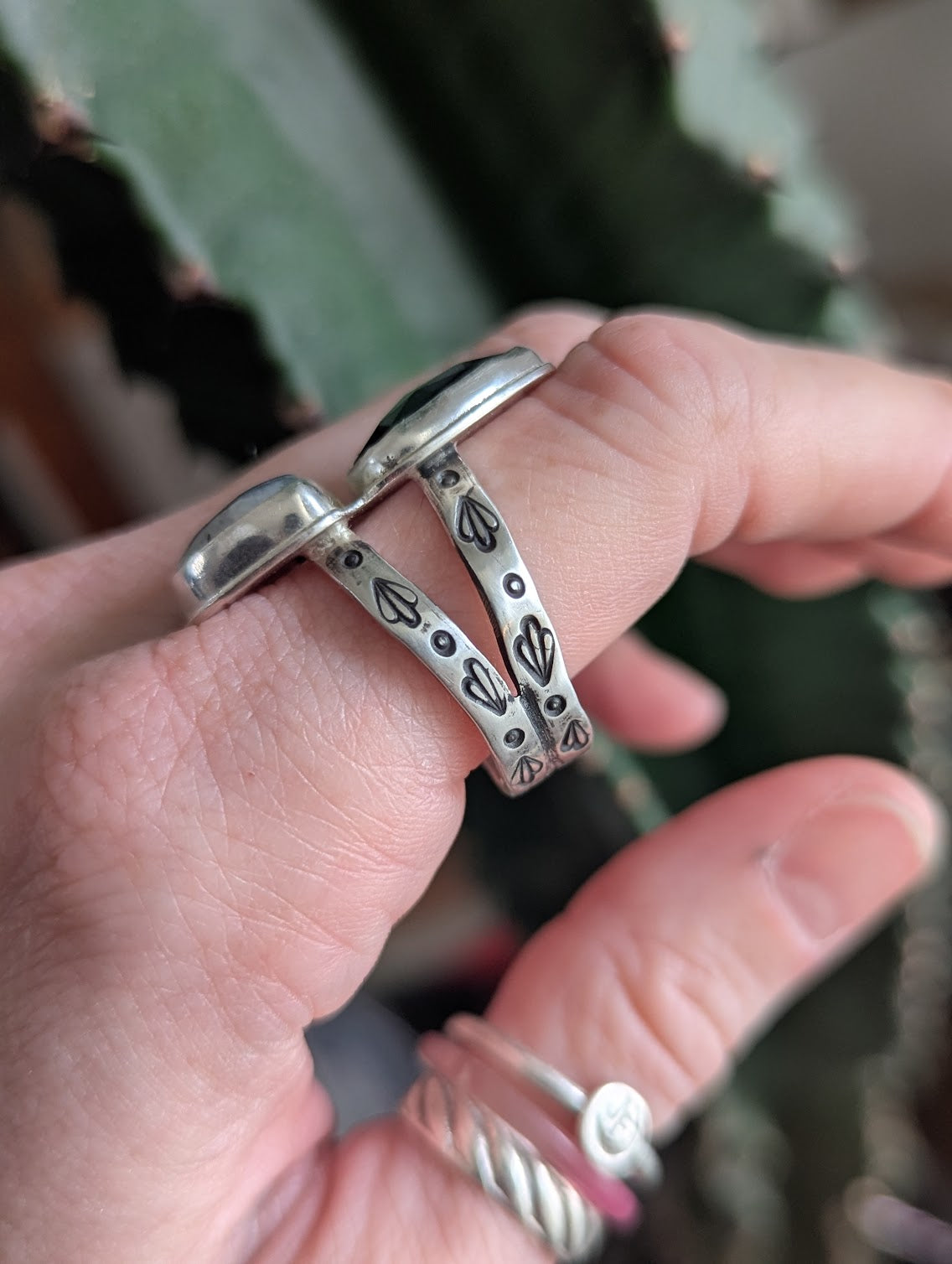 Moonstone and Onyx Silver Ring - Size 10