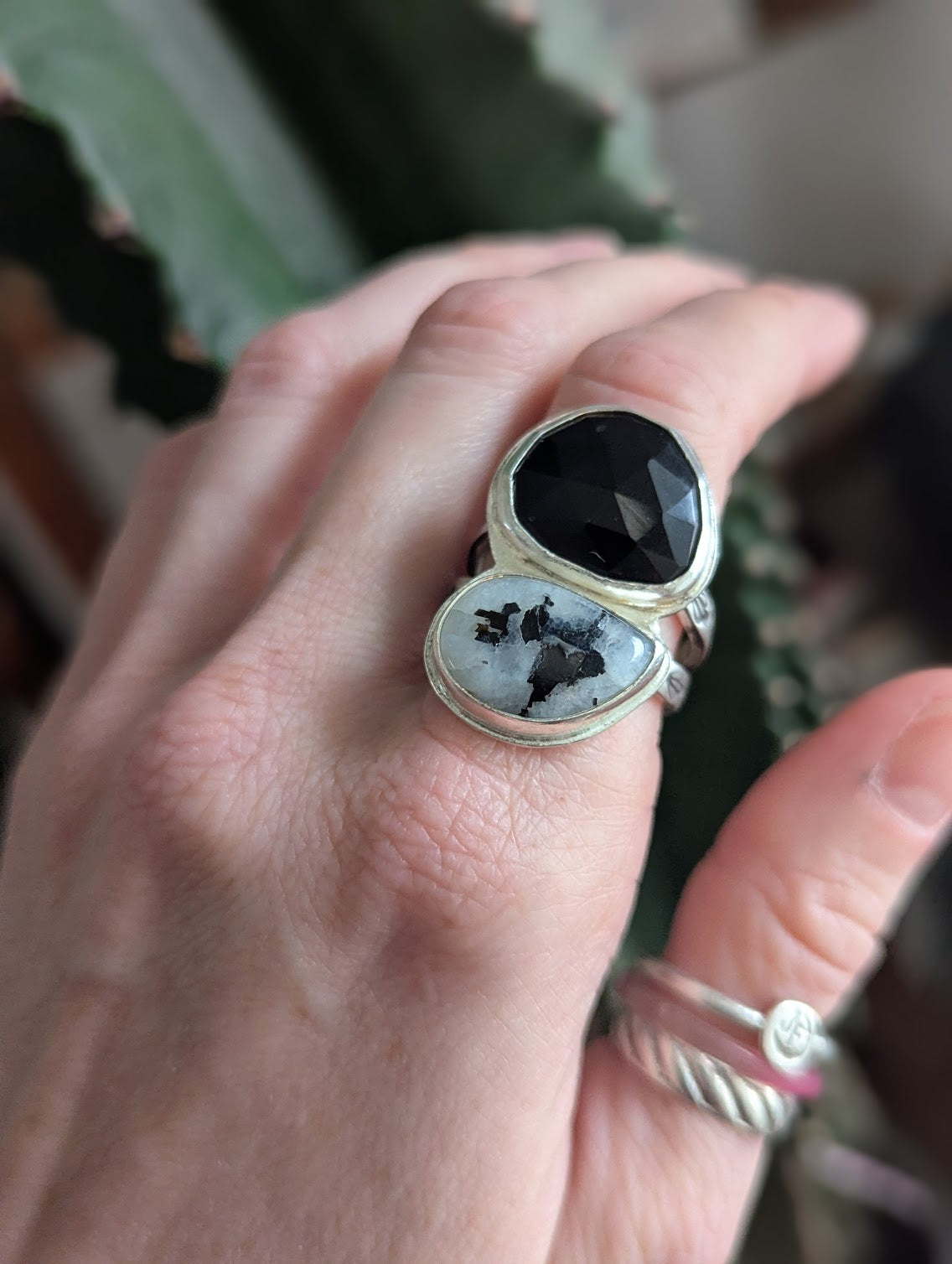 Moonstone and Onyx Silver Ring - Size 10