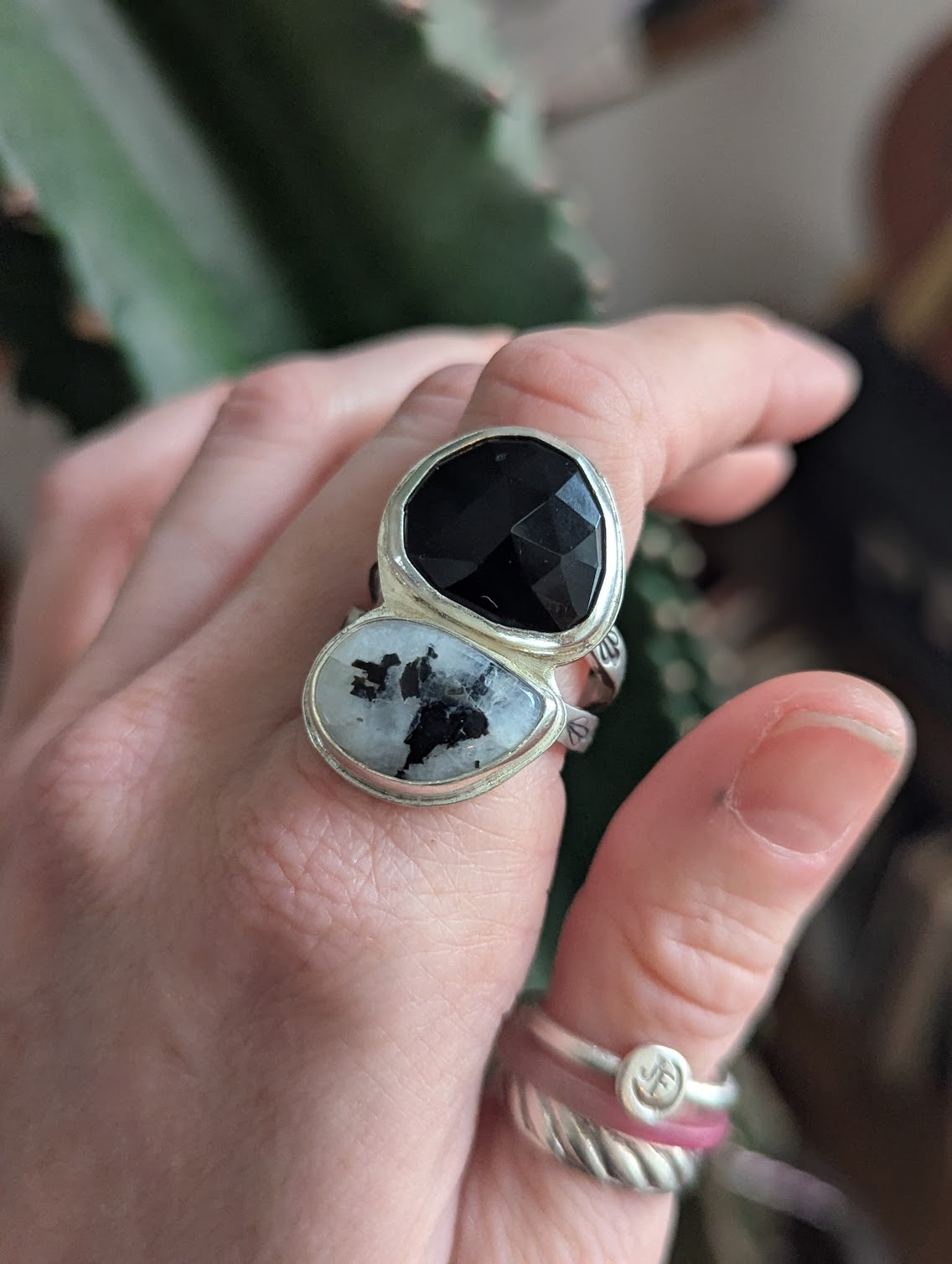 Moonstone and Onyx Silver Ring - Size 10