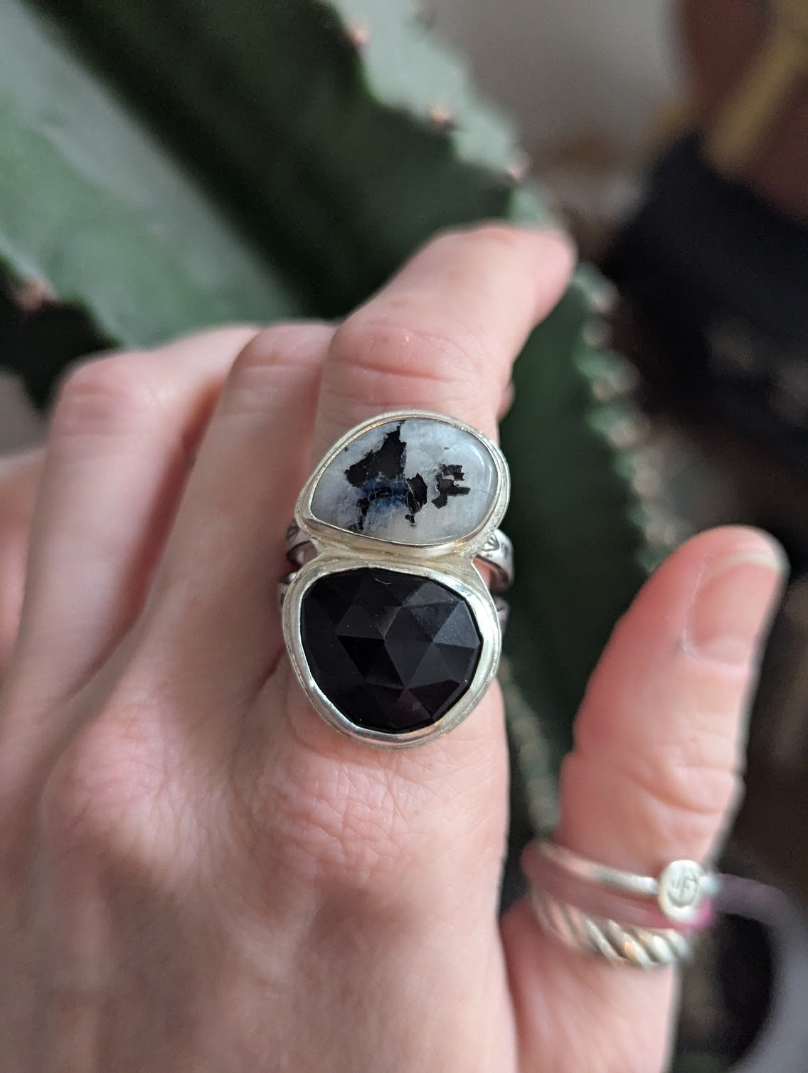 Moonstone and Onyx Silver Ring - Size 10