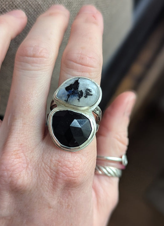 Moonstone and Onyx Silver Ring - Size 10