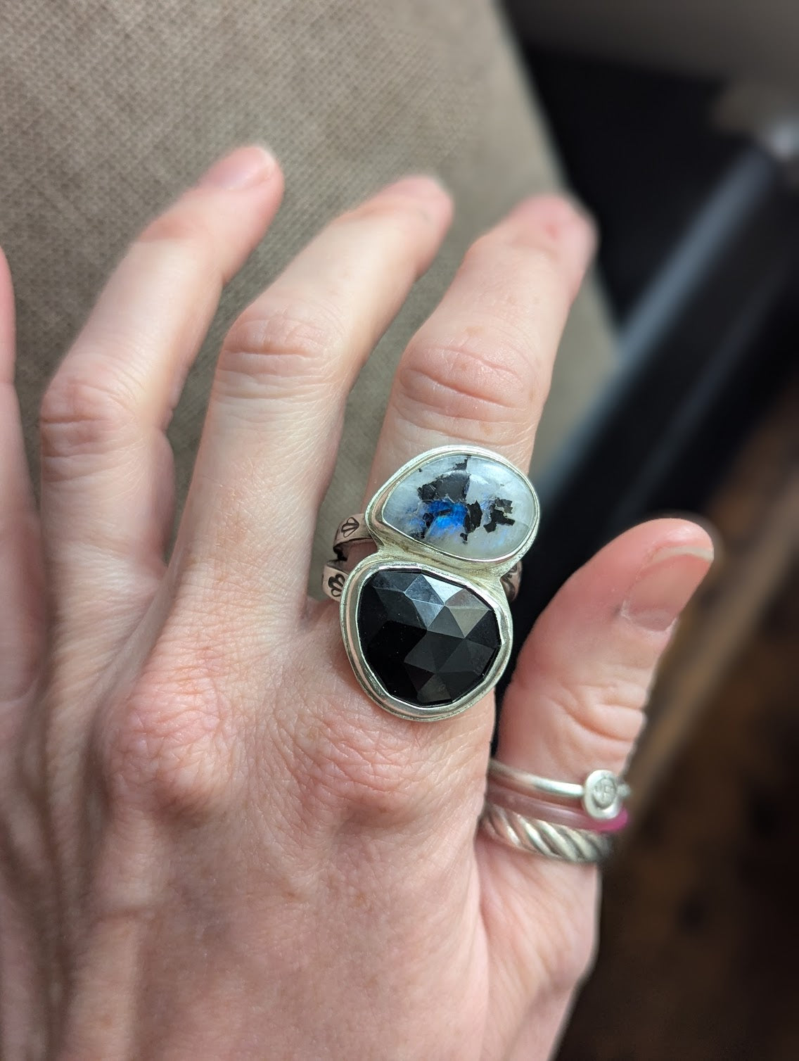 Moonstone and Onyx Silver Ring - Size 10
