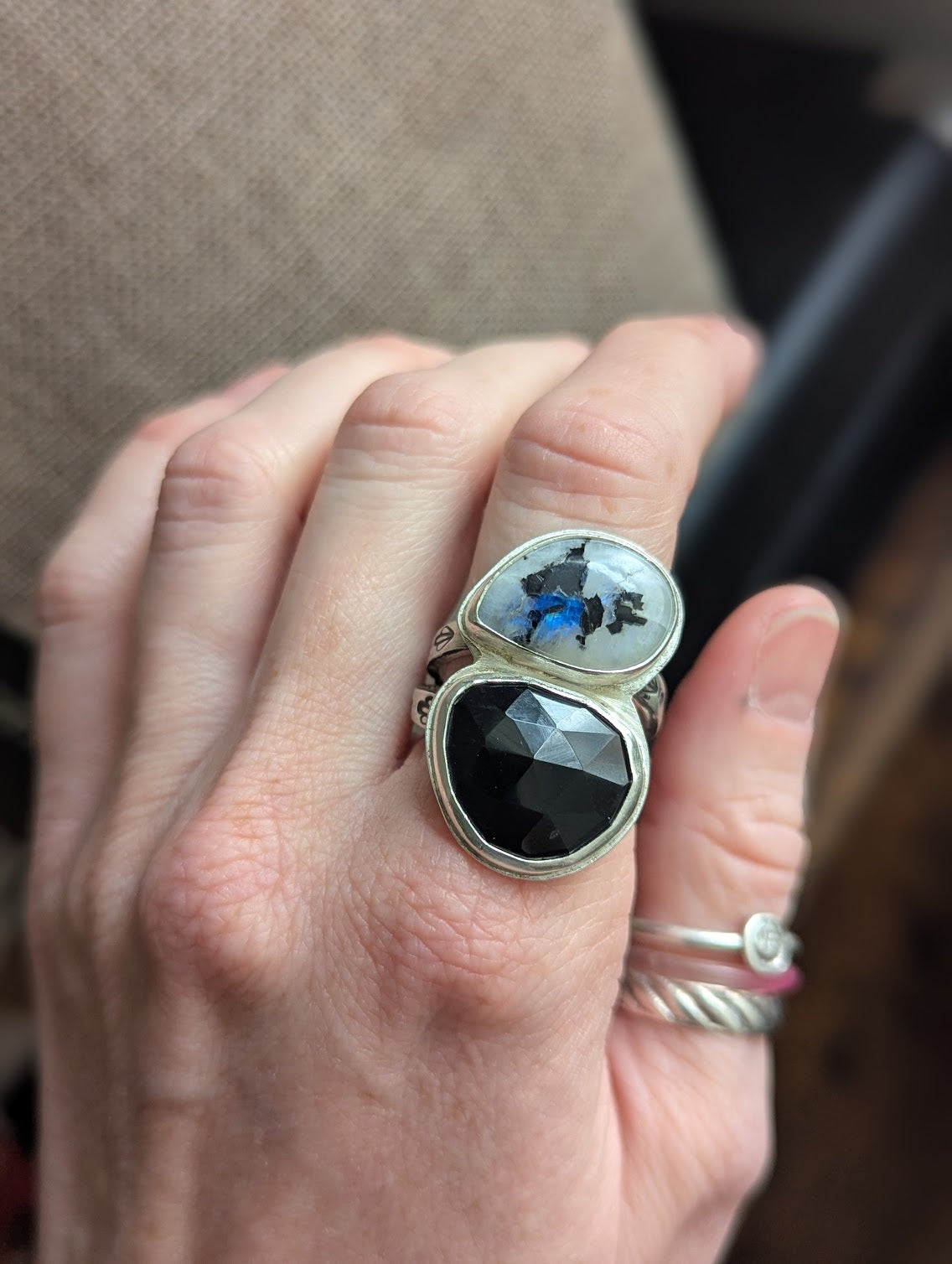 Moonstone and Onyx Silver Ring - Size 10
