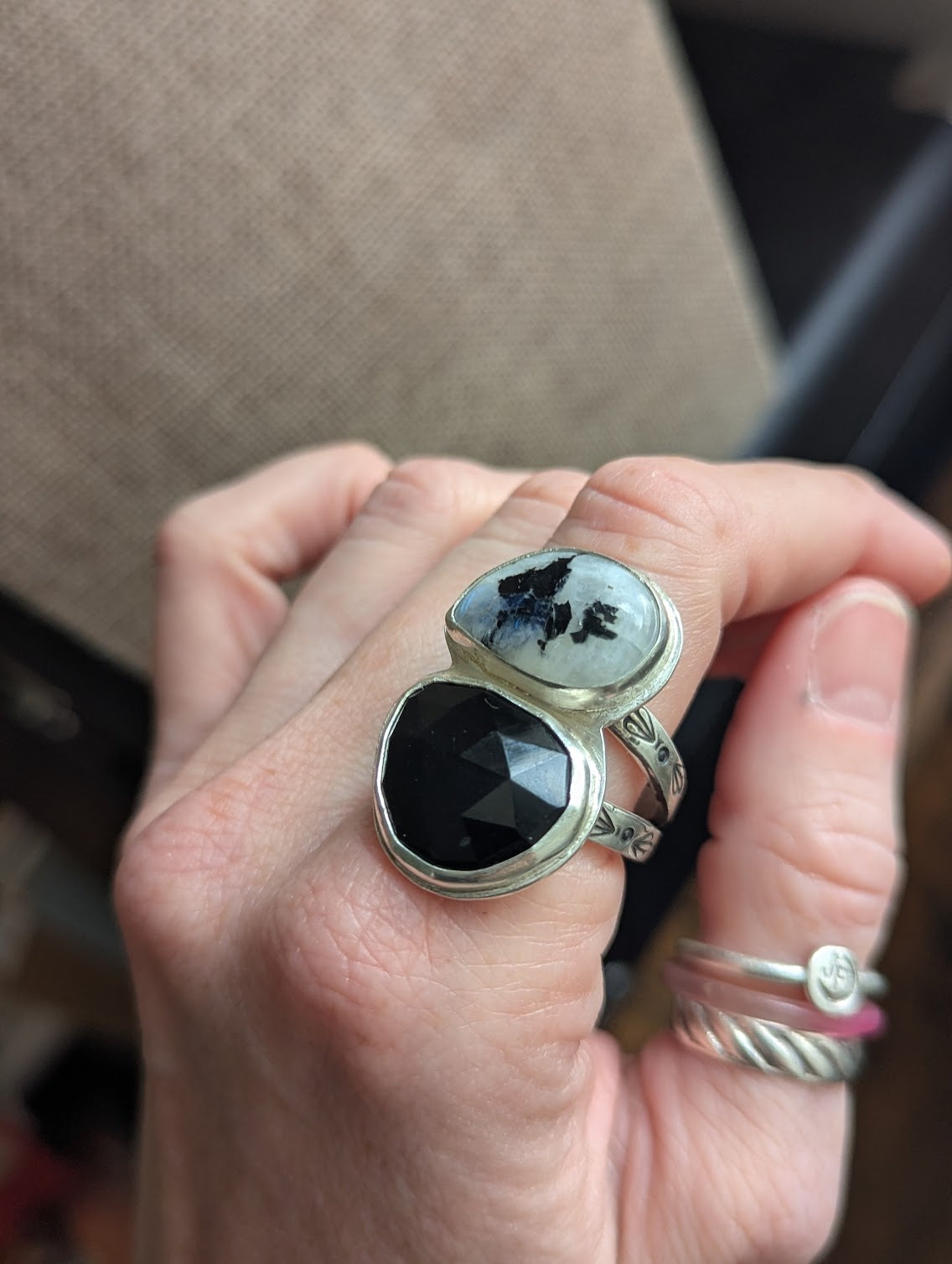Moonstone and Onyx Silver Ring - Size 10