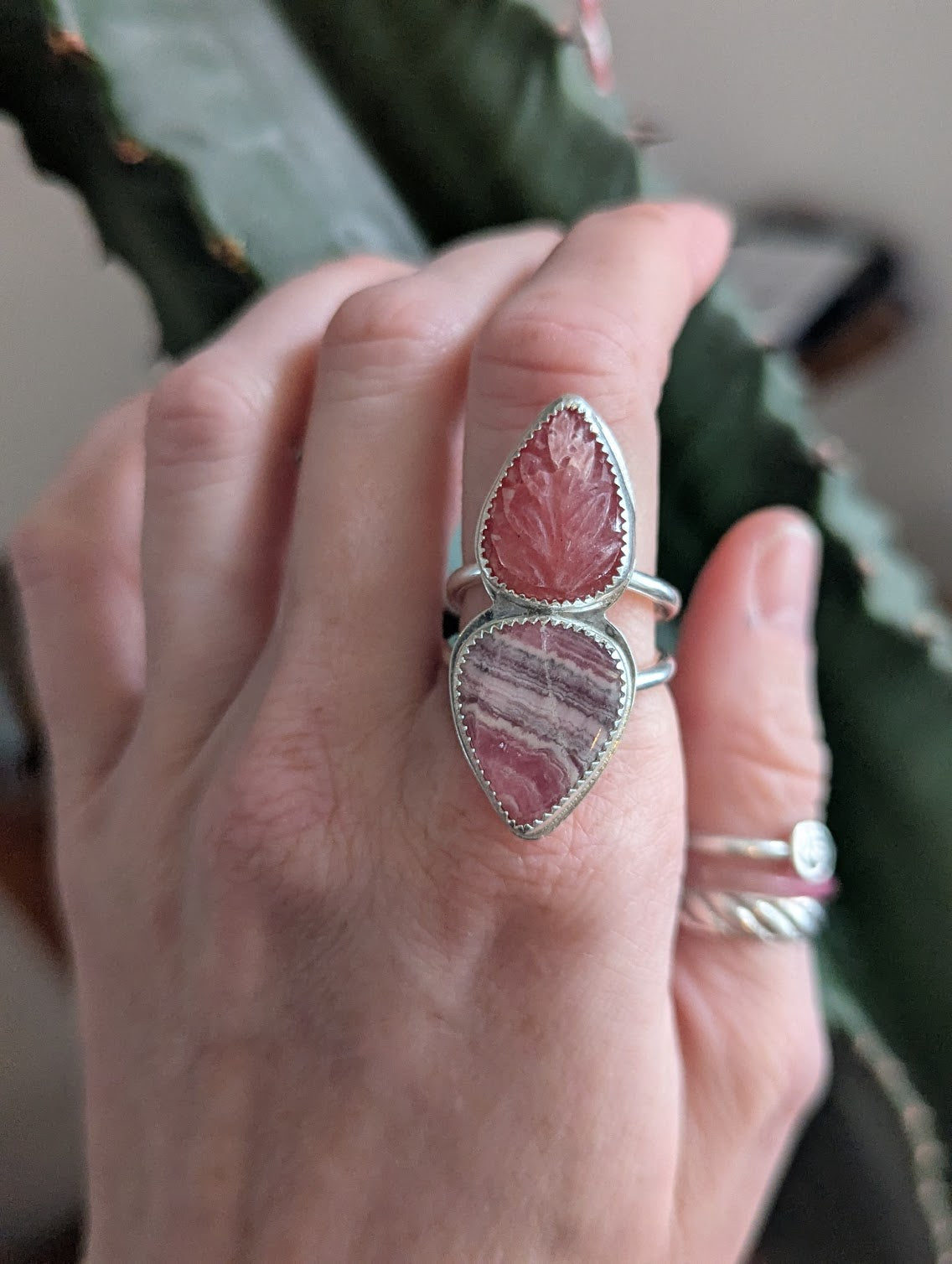 Carved Rhodonite and Rhodocrosite Silver Ring - Size 8.5