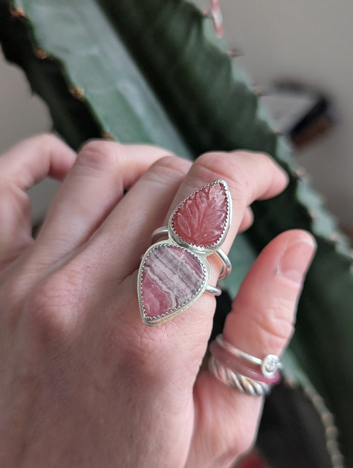 Carved Rhodonite and Rhodocrosite Silver Ring - Size 8.5
