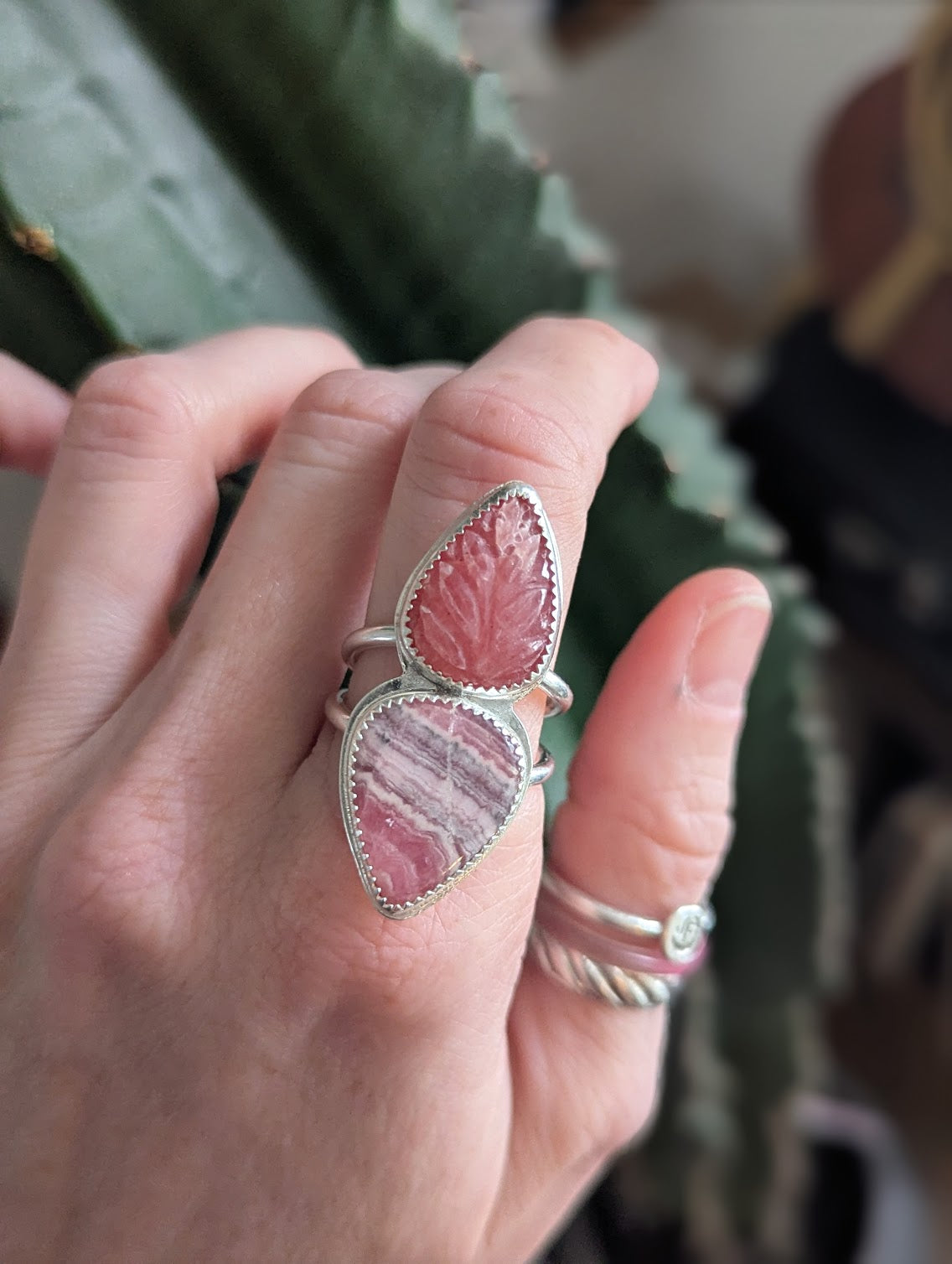Carved Rhodonite and Rhodocrosite Silver Ring - Size 8.5