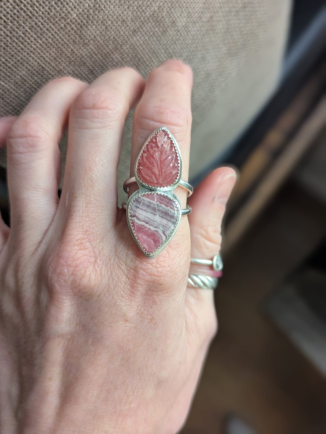 Carved Rhodonite and Rhodocrosite Silver Ring - Size 8.5