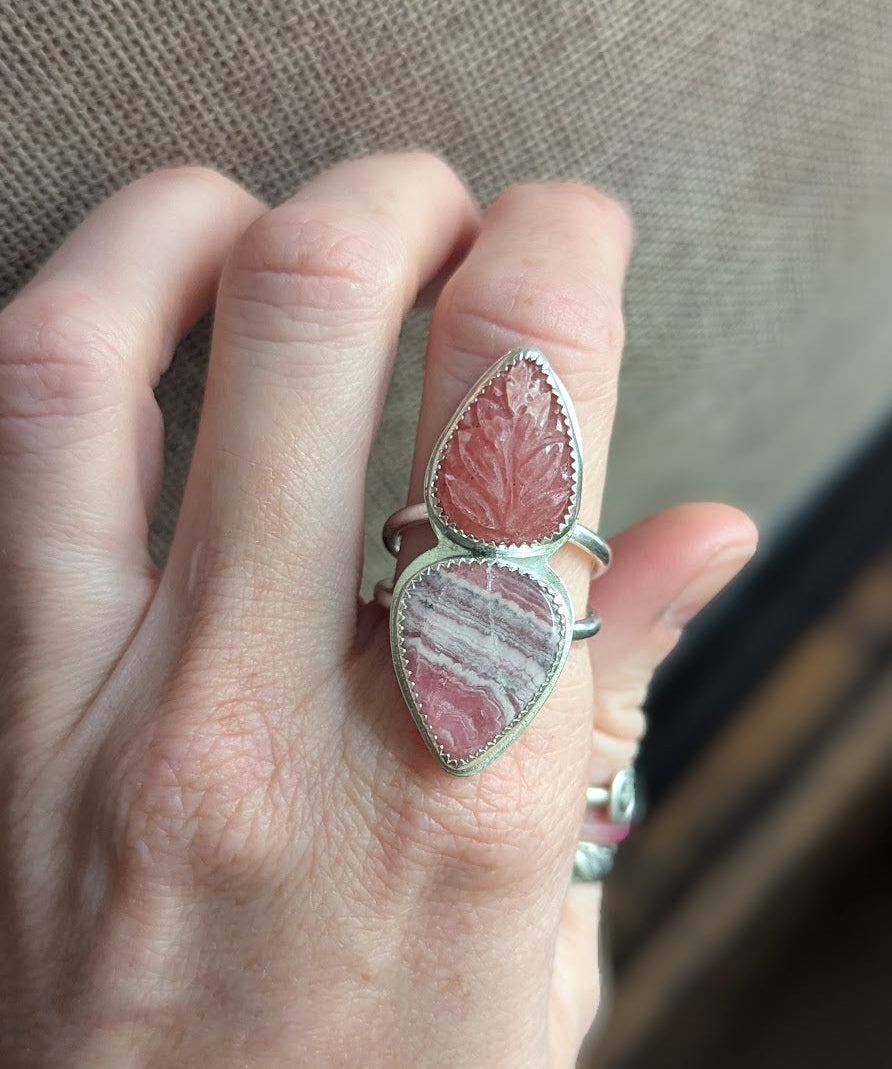 Carved Rhodonite and Rhodocrosite Silver Ring - Size 8.5
