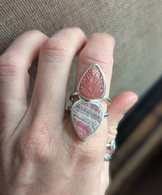 Carved Rhodonite and Rhodocrosite Silver Ring - Size 8.5