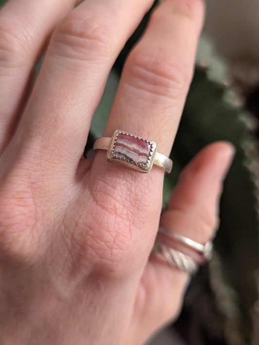 Rectangular Rhodochrosite Silver Ring - Size 8.5