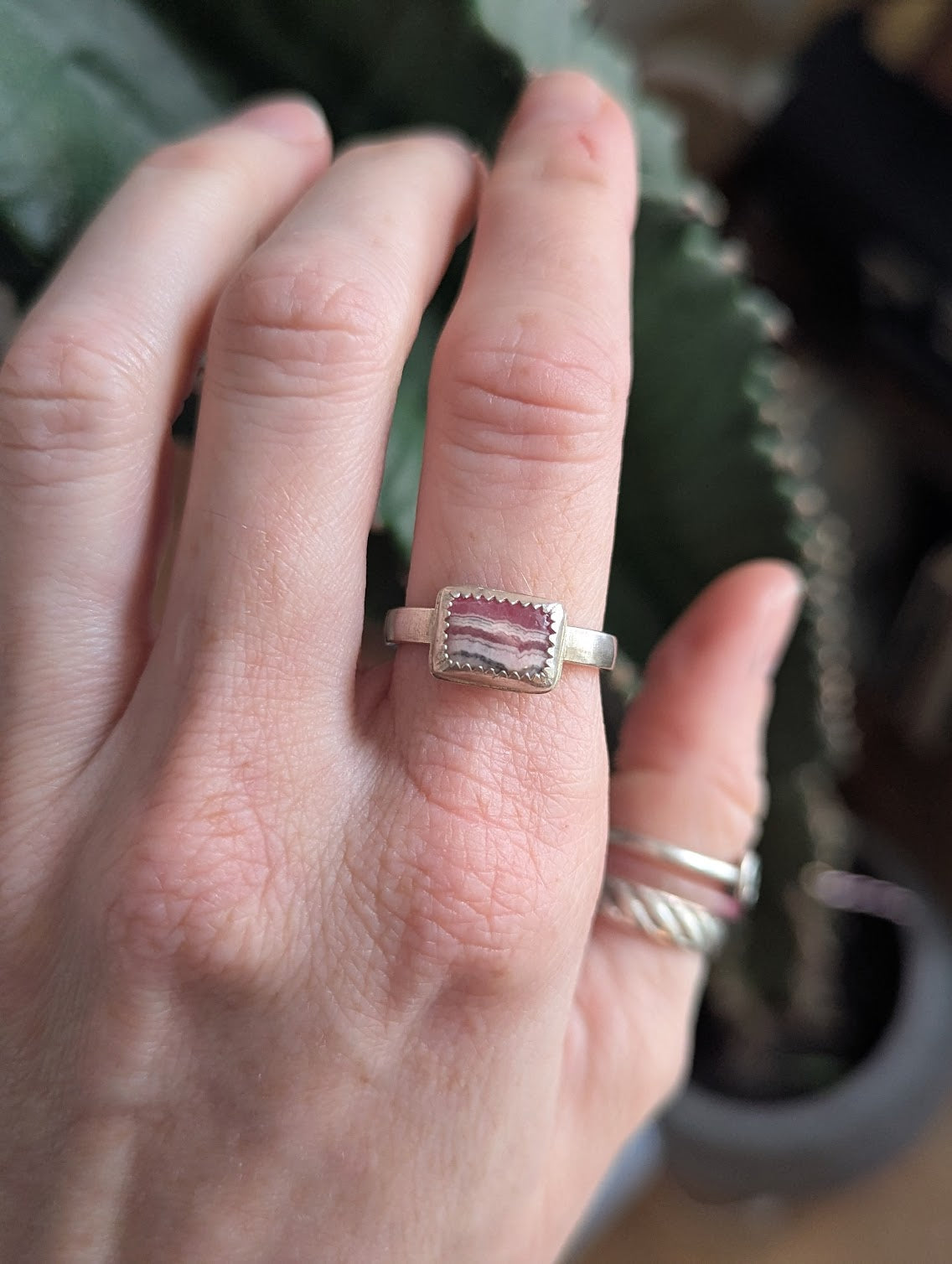 Rectangular Rhodochrosite Silver Ring - Size 8.5