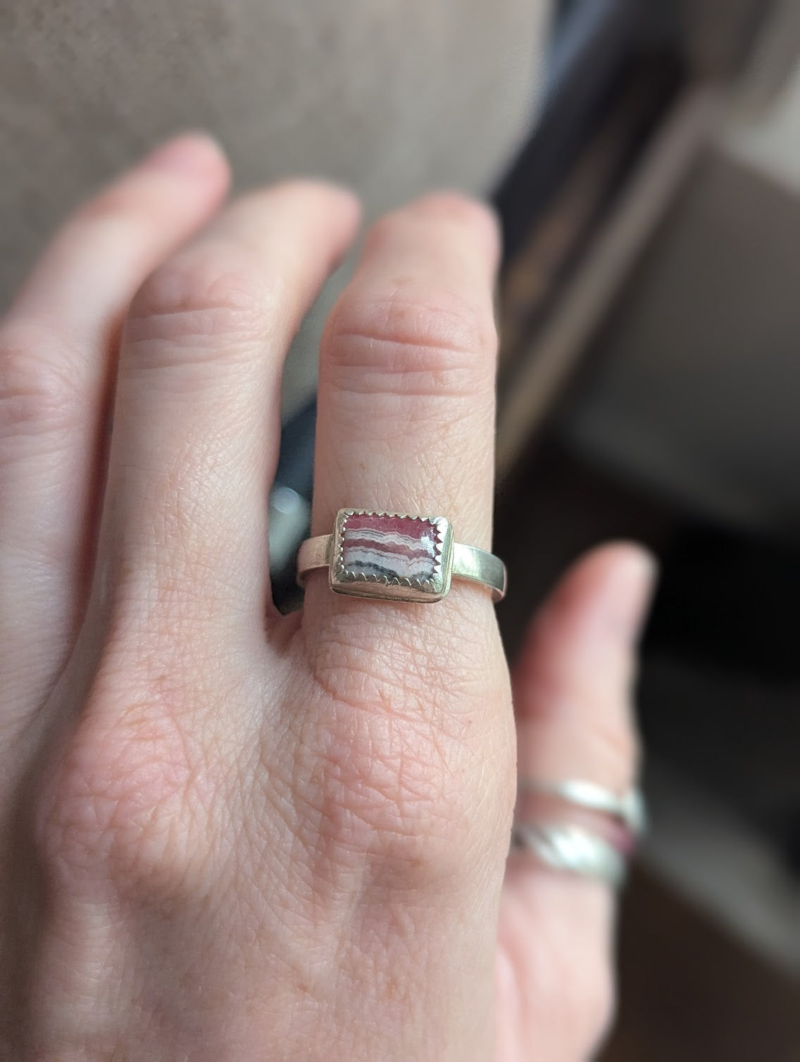 Rectangular Rhodochrosite Silver Ring - Size 8.5