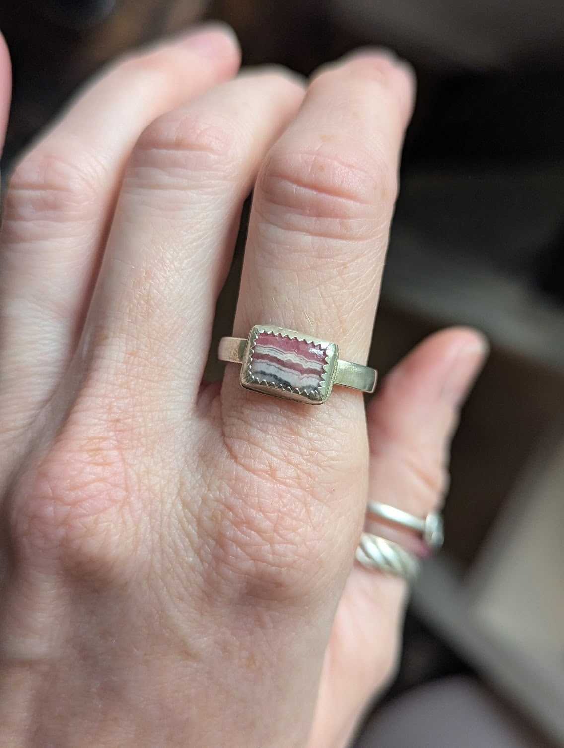 Rectangular Rhodochrosite Silver Ring - Size 8.5