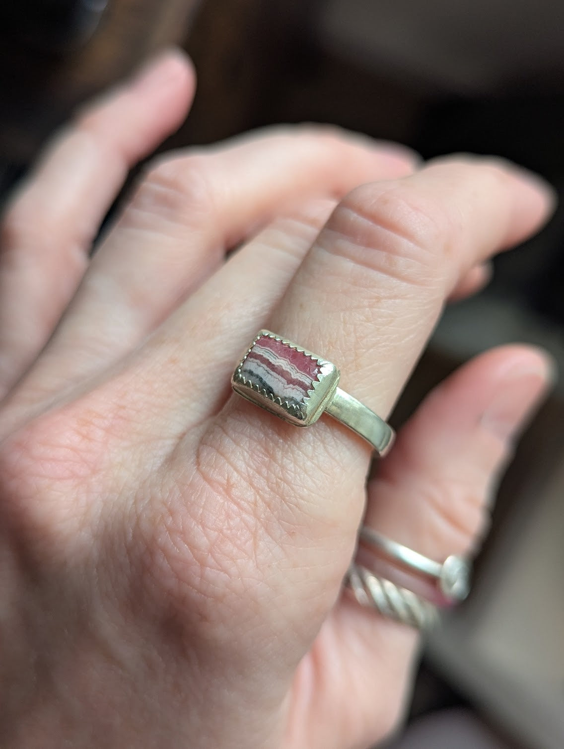 Rectangular Rhodochrosite Silver Ring - Size 8.5